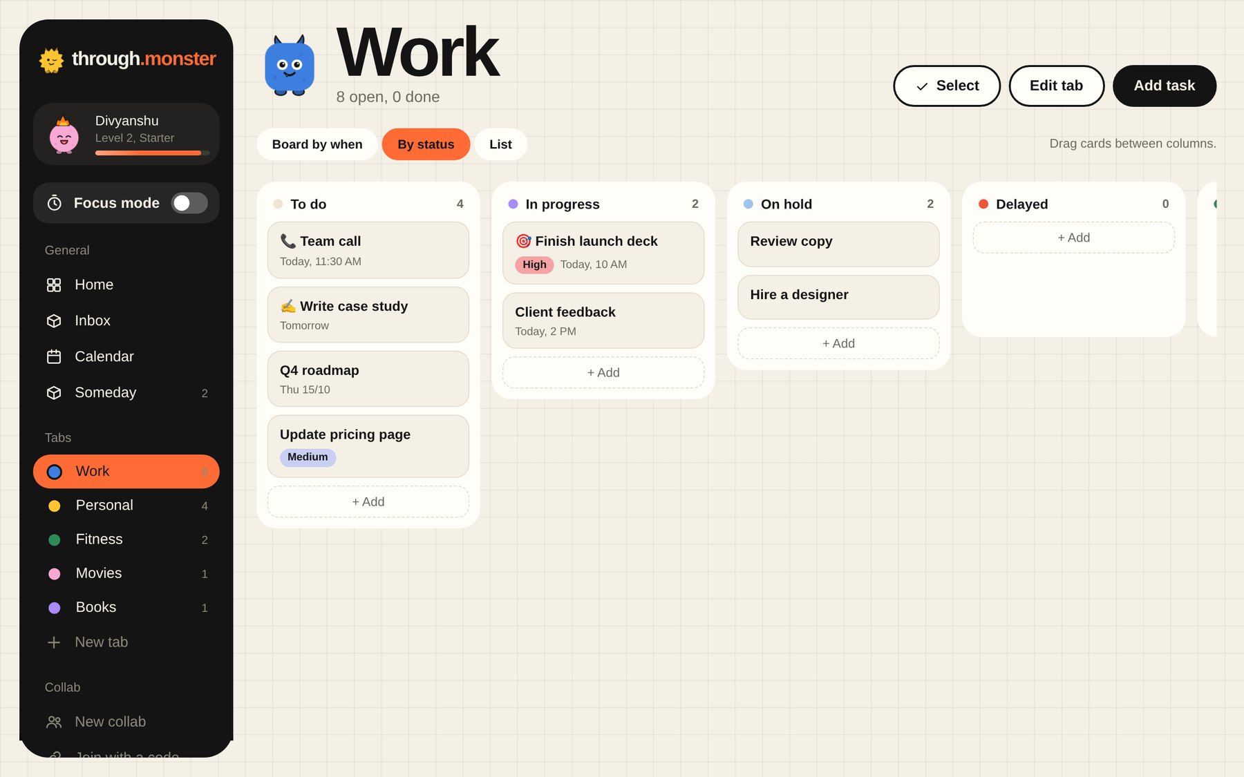 A tab as a board on a computer: To do, In progress, On hold and Delayed