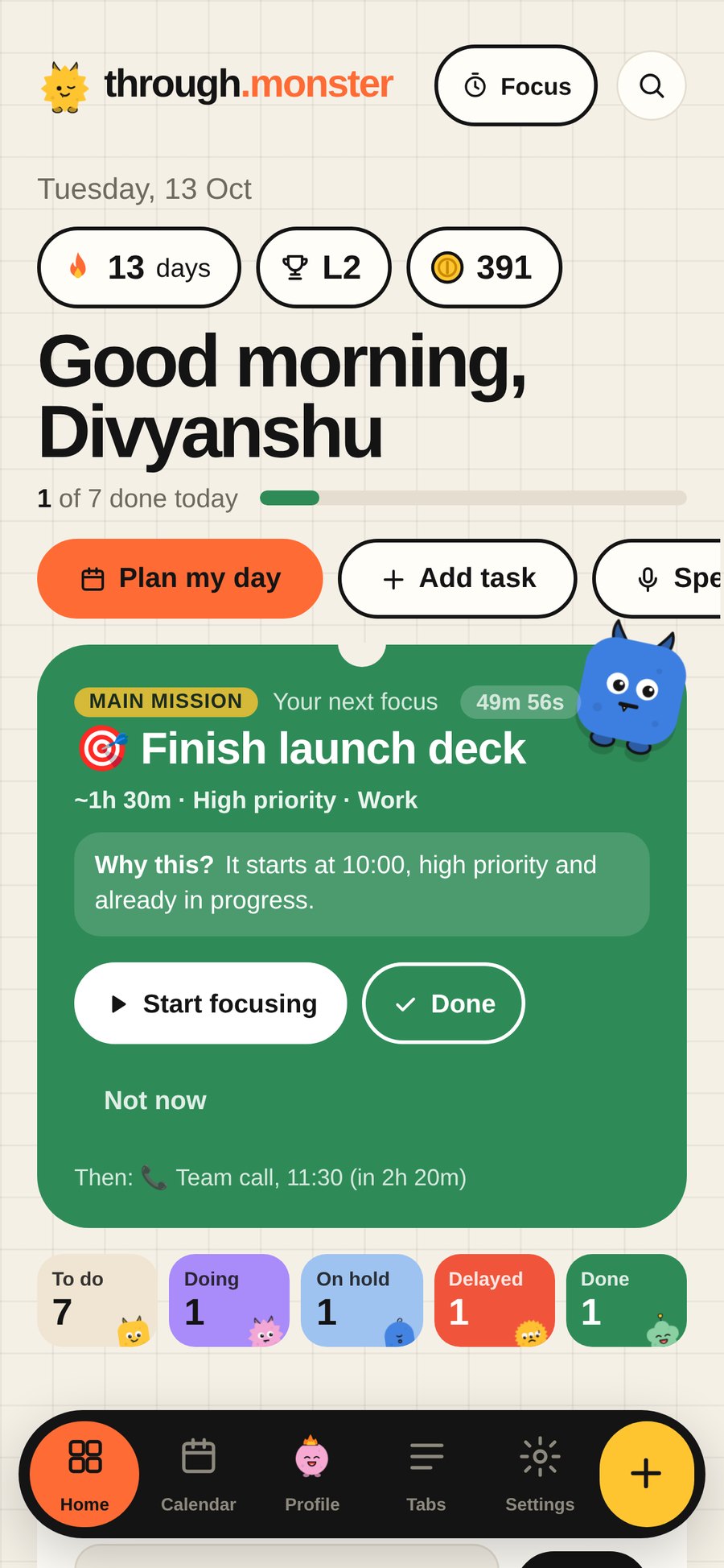 Swiping a task right to finish it: a green Done!