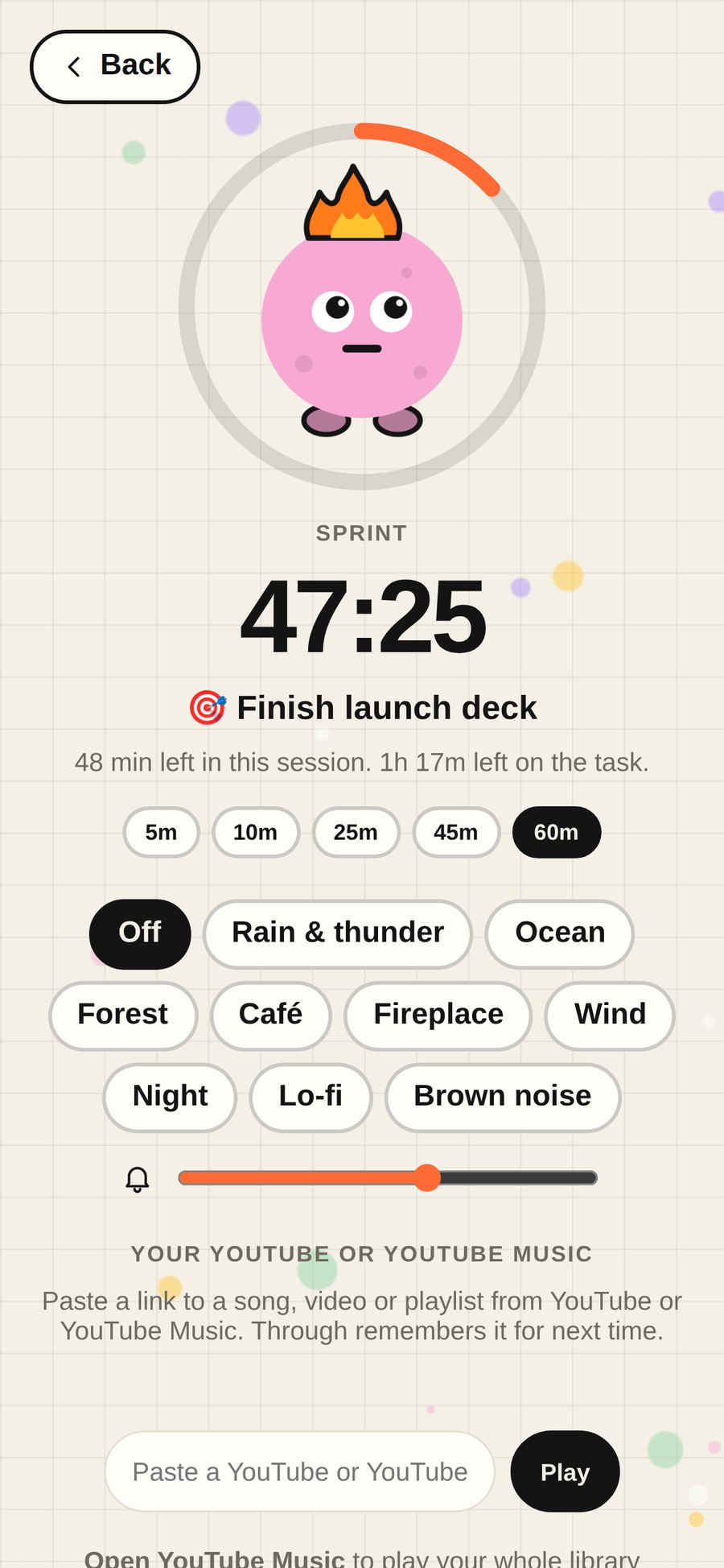 A focus session running with a timer and calm sounds