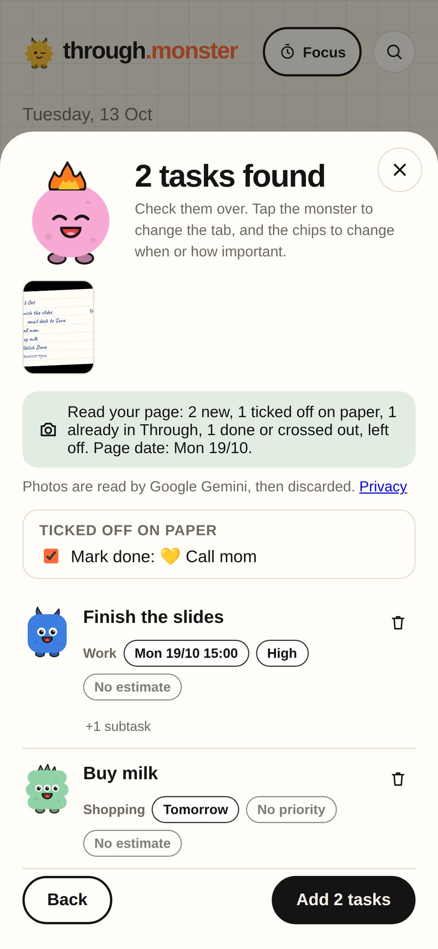 Through read the page: Finish the slides and Buy milk, with Call mom ticked off