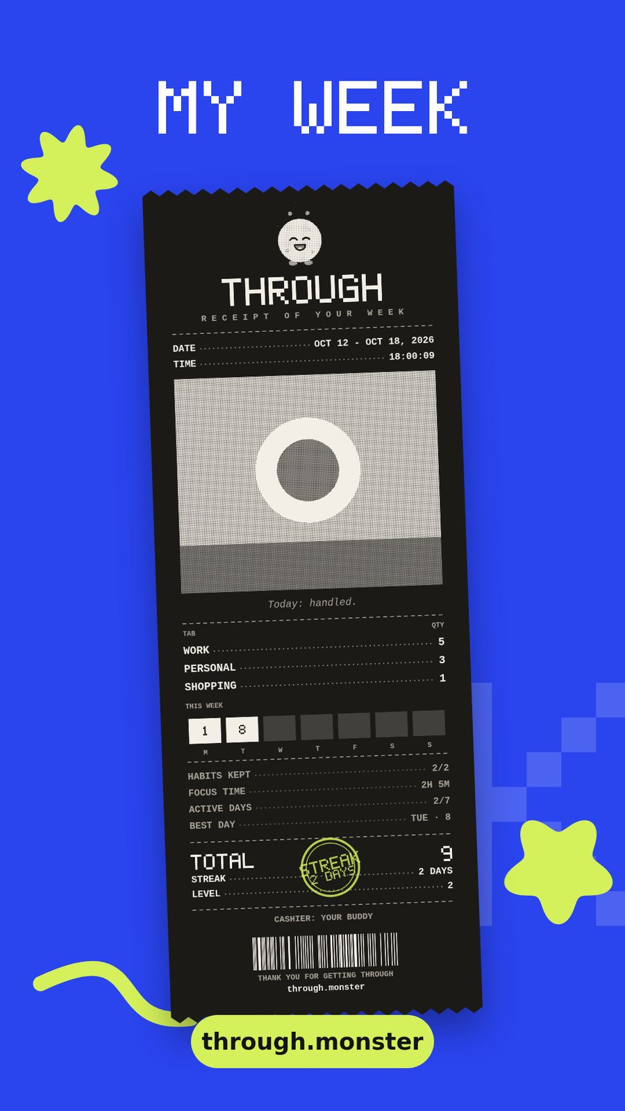 A Through week receipt shared as a story: tasks done, habits kept, focus time and streak