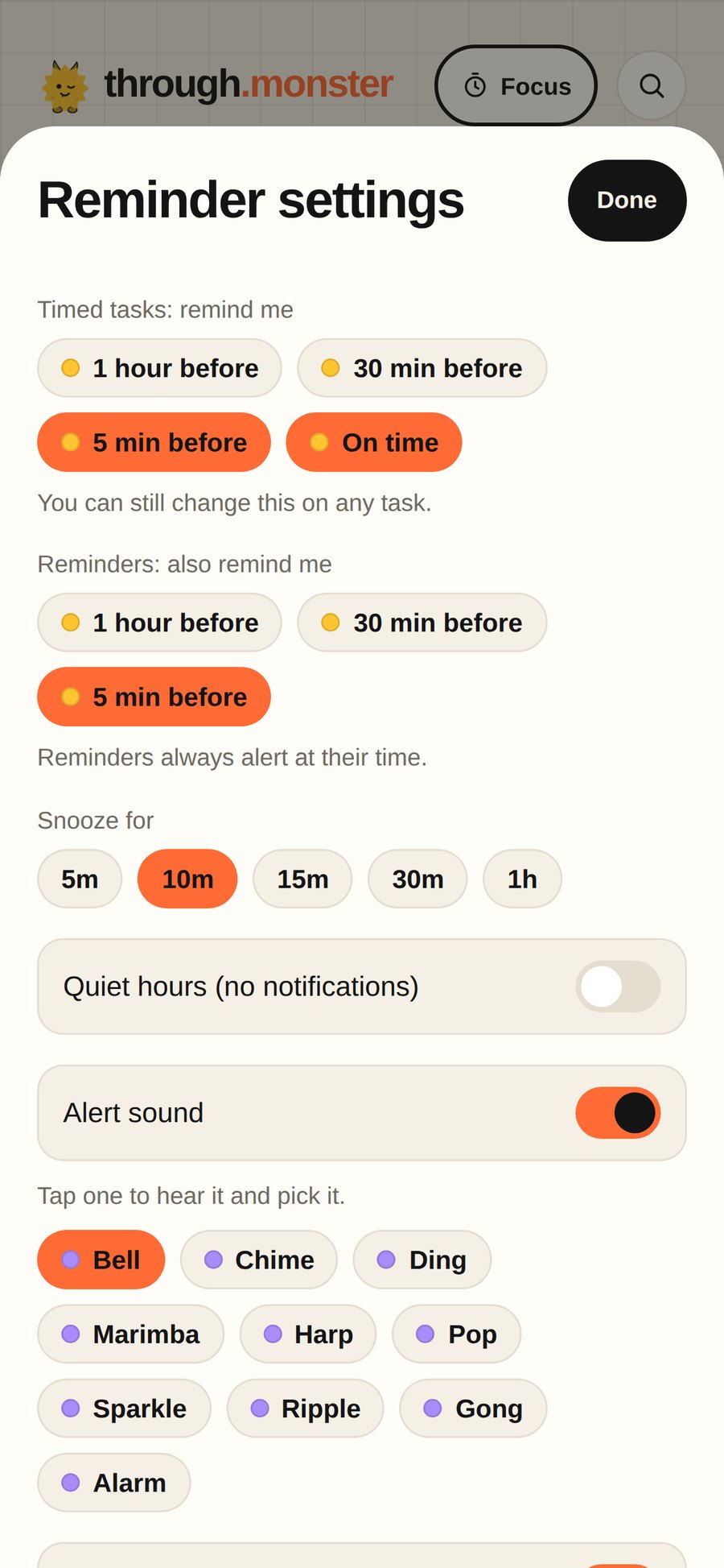 Reminder settings: how early to be told, snooze length and alert sounds