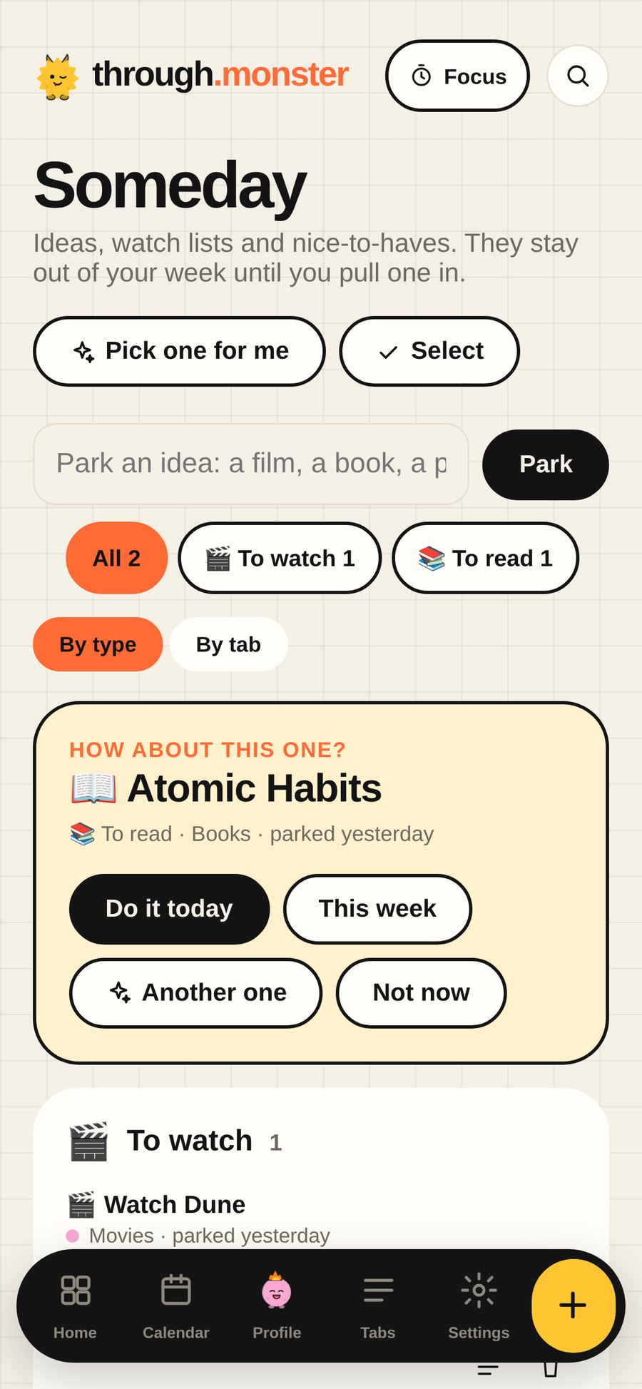 Someday: watch lists and reading lists, with Pick one for me